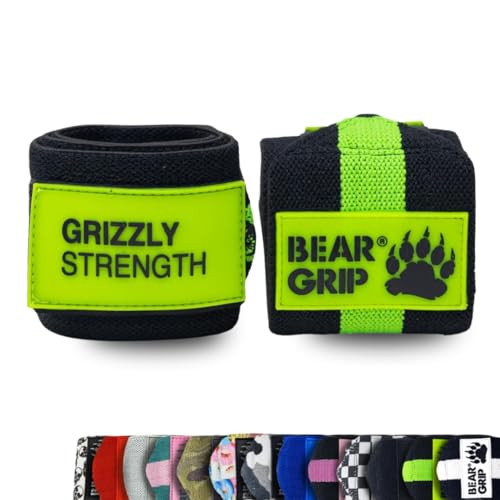 BEAR GRIP - Premium Heavy Duty Weight Lifting Wrist Wraps, Bodybuilding, Crossfit, Powerlifting, StrongMan (Black/Green, 18 Inches)