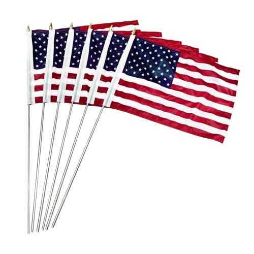 JRED 6 Pack Small American Flags on Stick 12x18 Inch Handheld US Flags with Retractable Stainless Steel Pole Safety Spear Top 4th of July Decorations Independence Day