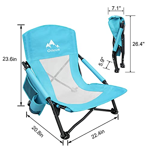 Oileus Low Beach Chair For Beach Tent & Shelter & Camping | Outdoor Ultralight Backpacking Folding Recliner Chairs With Cup Holder & Storage Bag, Carry Bag, Breeze Mesh Back, Compact Duty 2 Pcs Chair #TOP2