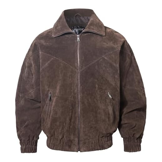 FLAVOR Jaqueta bomber masculina de couro de camurça, clássico, casual, outono e inverno, Marrom escuro, XXG