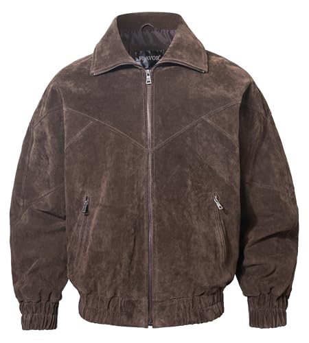 FLAVOR Mens Suede Leather Bomber Jacket Classic Casual Fall Winter
