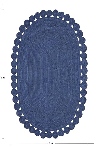 Tapis ovale en jute bleu à tissage plat résistant