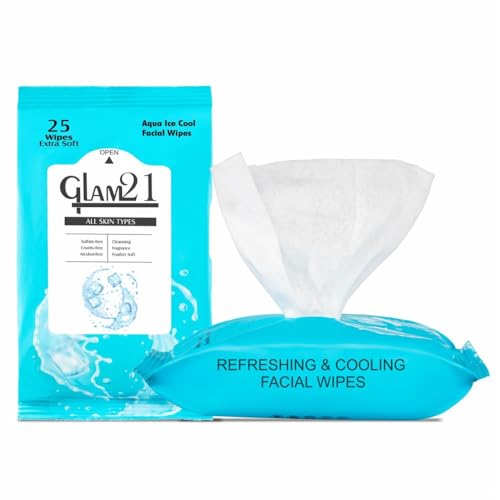 Image of Glam21 Facial Wipes | Super-Soft, Moisturizing & Refreshing | Effectively Cleans Dust, Dirt & Impurities | Gentle Daily Use Makeup Wipes | Pack of 25 PCS- Aqua Ice