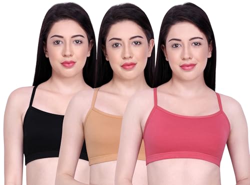 Image of INKURV Slip on Beginner's Bra for Girls, Non Padded, Non Wired, No Hooks with Double Layered Fabric, Adjustable Straps, Wirefree Sports Bra- Lisa Combo of 3