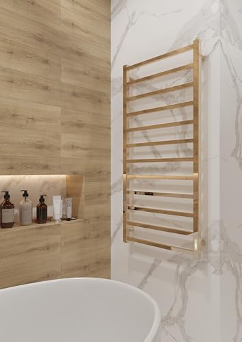 Elna - Radiador de toalla dorada de 205 W, 100 x 530 mm, eléctrico, para el hogar y el uso diario, compacto y fuerte, acero inoxidable con termostato, temporizador y ecológico, IP44, montado en pared