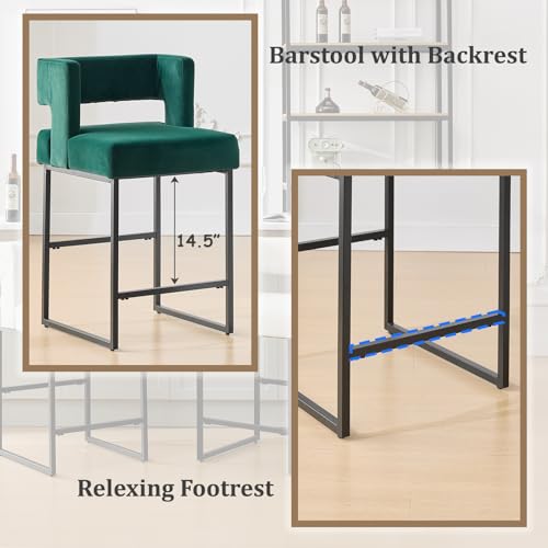 Image of 26 inch H Velvet Bar Stools Set of 6, Counter Height Bar Seats with Square Back, Modern Upholstered Armless Barstools with Metal Black Legs for Kitchen Island Dining Room Bar, Green
