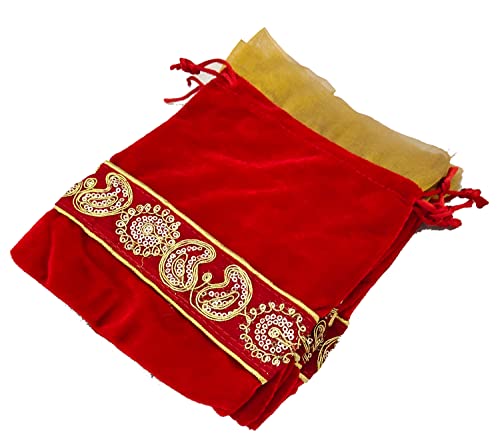 Image of Fabric 18Cm X 24Cm Large Velvet Drawstring Bags Pouches Potli For Gift Wedding Jewelry Packaging Bridal Party Favors For Women (5 Pc Set, Red Color)