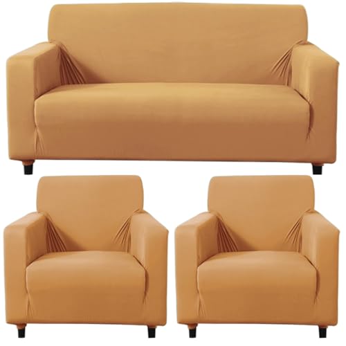 Image of HOKIPO Polyester Universal Stretchable 5 Seater (3+1+1) Sofa Cover Fully Covered, Sand Brown (NEW-4277-E5*2 + AR-4279-E5)