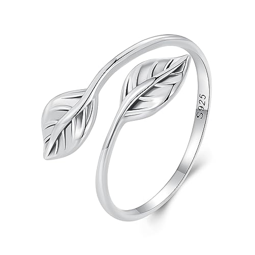 MUNDELL 925 Sterling Silver Simple Multi-layer Leaf Adjustable Ring Green Lucky Leaves Statement Ring for Women Promise Ring Fine Jewelry