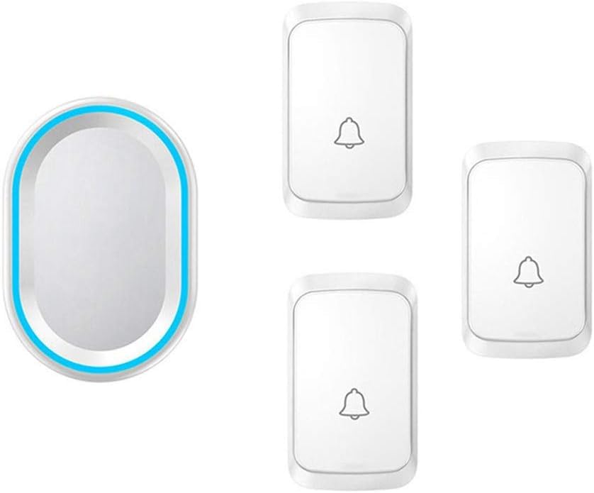 Timbre inalámbrico con 3 botones y 1 receptor, timbre inalámbrico impermeable, alcance de 300 m, 58 tonos de llamada, 4 niveles de volumen, flash LED, memoria de apagado, blanco y blanco