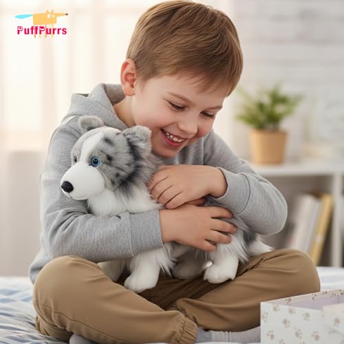 PuffPurrs Lebensechtes Merle Border Collie Plüschtier, Realistischer Blue Merle Border Collie Teddy, Süßer außergewöhnlich intelligenter Hund Kissen-Geschenk, 23 cm