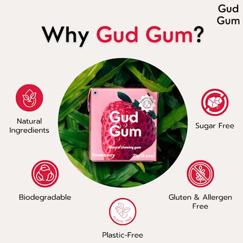Image of Gud Gum- Natural, Plastic Free Chewing Gum- Pack of 2- No added artificial colours, flavours & sweeteners (Strawberry)