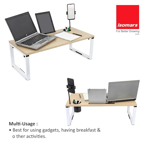 Image of Isomars Bed Desk /Floor Desk with Mobile Holder 76cm x 35.5cm (30 inch x 14 inch) Laptop Study Table for Work from Home, Online Classes, Card Games and Kid's Activities (Wooden)