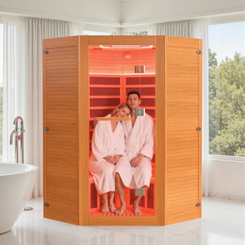 HUGROVE 2-3 Person Low EMF FAR Infrared Sauna for Home, Indoor Canadian Hemlock Dry Heat Sauna Kit with Bluetooth Speakers, LED Lights & Smart Control Panel