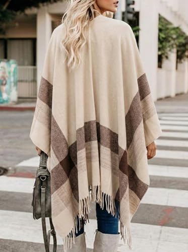 Image of Bestshe Women's Boho Open Front Poncho Plaid Shawl Wrap Cape | Tassel Cardigan Sweater, Cozy Layering, Fall Winter Clothes for Women