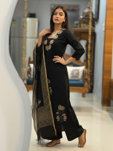 Image of ANNI Designer Women's Rayon Viscose Straight fit Printed Embroidered Kurta with Pant & Dupatta | Ethnic Kurta Set for Women | Daily, Office & Festive Traditional