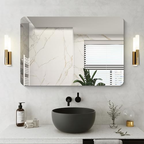 NIMURY Espejo de pared rectangular   61 x 91 cm   Sin marco   Con esquinas redondeadas   Espejo rectangular para baño, dormitorio, salón   Para colgar horizontal o verticalmente