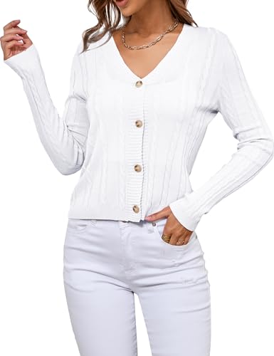 Image of VERABENDI Womens Sweaters Cable Knit Open Front Buttons V Neck Lightweight Cropped Cardigan for Women