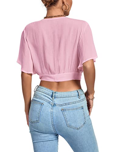 Image of LYANER Women's Sexy Deep V Neck Tie Front Wrap Cropped Blouse Bell Short Sleeve Ruffle Crop Tops