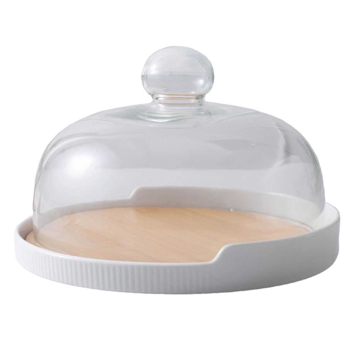 SHINEOFI Plateau à Gâteau avec Couvercle en Verre, Plateau Tournant en Céramique et Bois, Simple et Élégant, Accessoire Pratique pour Desserts la Maison