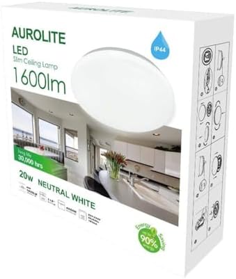 Super Slim LED Semi Flush Ceiling Light, 20W 1600Lm, Natural White (4000K), IP44, Ideal for Living Room, Bedroom, Kitchen, Hallway, Bathroom