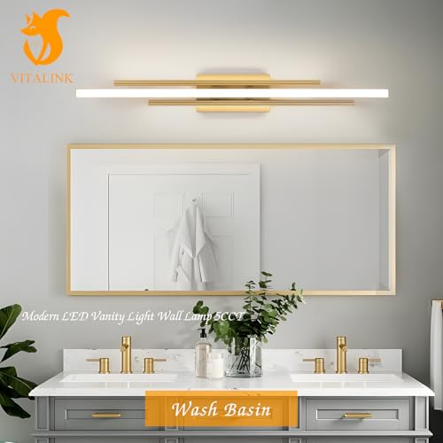 Image of VitaLink Modern Gold Vanity Light Bathroom Wall Light Fixtures Over Mirror 35 Inch Long Dimmable 3-Light LED Bathroom Wall Lighting 5CCT(3000K /3800K /4500K /5200K /6000K)