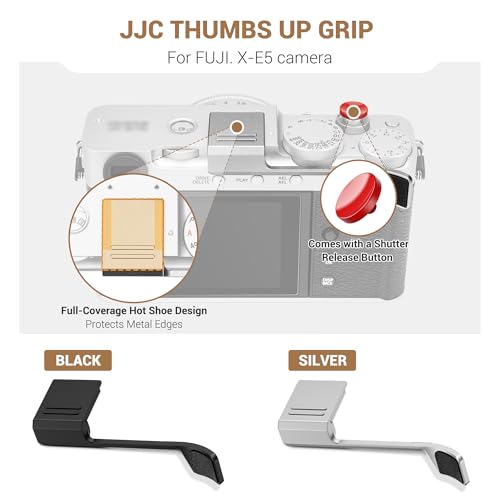 Image of JJC Full-Coverage Metal Thumb Grip & Shutter Button for Fuji X-E5, Silver | for Fujifilm XE5 Mirrorless Camera, Hot Shoe Cover Protector Thumb Rest Support, Silicone Pad for Stable & Safe Hand Hold