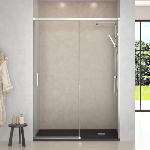 Mampara de Ducha Frontal Corredera 1 puerta Corredera + 1 fijo | Transparente | Cristal templado 6mm Antical | 195cm de Altura | Perfilería Cromo Brillo | 180cm (Adaptable 174-179cm)