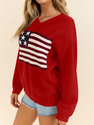 Image of Dressmine Womens American Flag Knit Sweater Crew Neck Long Sleeve Pullover