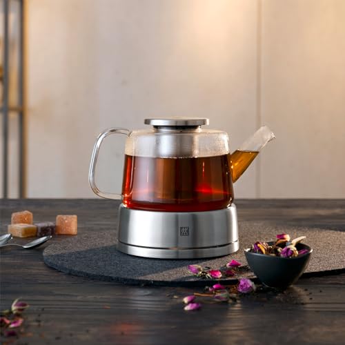 Zwilling 39500-142 Sorrento Tea and Coffee Pot – 800ml Capacity, Made from Heat-Resistant Blown Glass, Narrow-Meshed Tea Strainer, 18/10 Stainless-Steel Lid and Tealight Warmer, Dishwasher Safe