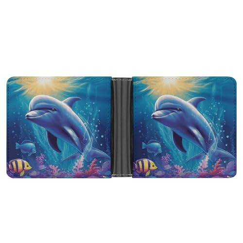 Men's Leather Wallet Bifold Wallet for Men Cute Dolphin Slim Wallet with Multiple Card Classic Passcase Mens Card Holder