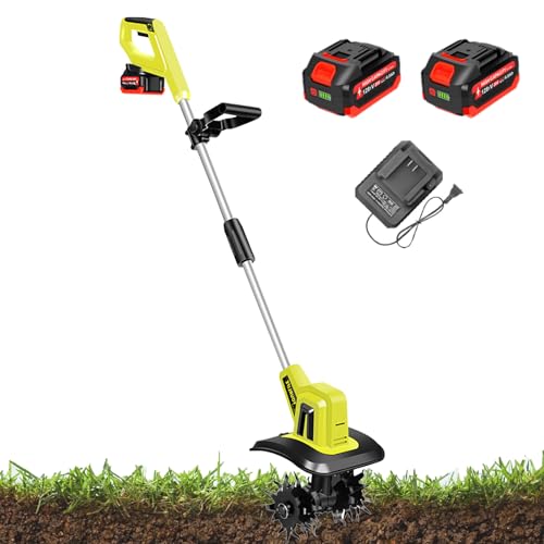 Motoazada de jardín inalámbrica, rotavator de jardín eléctrico con Poste Ajustable, cultivador de Suelo con 2 baterías Recargables y Cargador, Ancho de Trabajo 25 cm, Profundidad labranza 22 cm