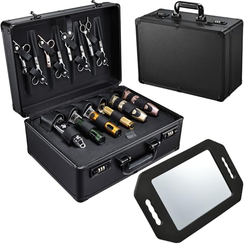 Barber Accessories Case, Profesional Barbers Briefcase Tool Case, Barber Cases for Clippers and Supplies, Hair Scissors Clippers Trimmer Organizer, Barbers Suitcase with Code Lock (Black with Mirror)