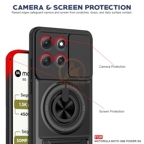 Image of Moto G86 Power 5G Back Cover | Armor Camera Slider 360 Degree Rotating Finger Ring Holder Case with Bracket Stand Back Case Cover (Compatible with MagSafe Accessories) (Black)