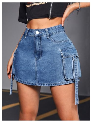 MakeMeChic Women's Denim Skirt Button Y2k Mini Cargo Jean Skirts with Flap Pocket4