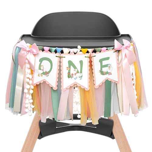 Image of Upfirst ONE Silly Goose Highchair Banner - Goose Theme 1st Birthday Highchair Banner for Girls，Goose Pink Yarn Garland Party Supplies (silly goose pink banner)