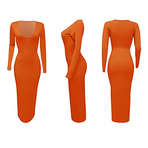 Image of Women Bodycon Maxi Tank Dress, Sexy Deep U Neck Ribbed Solid Color Party Wrap Long Dresses