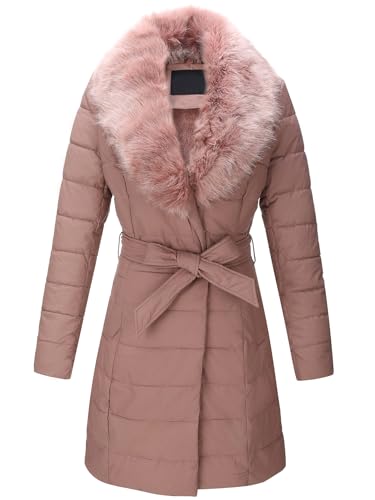 Pallivare Women's Puffer Jacket Winter Plush Lining Long Coat with Removable Fur Collar Hooded and Belted 5527 Pink M