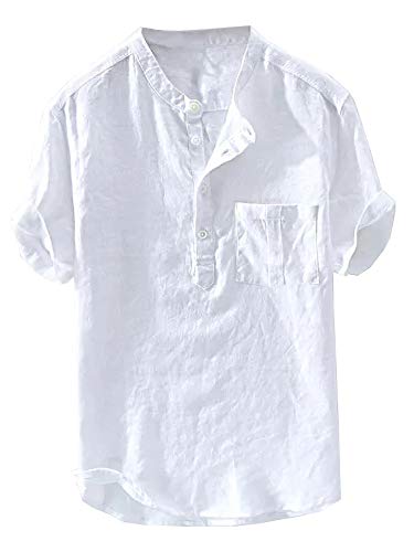 Enjoybuy Mens Banded Collar Linen Casual Button Up Shirts Short Sleeve Summer Comfort T-Shirts (XX-Large, 03-White)