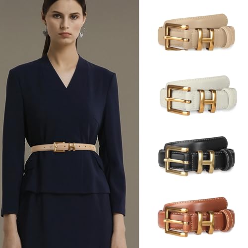 Image of Aurolran Women's Fashion Classic Metal Buckle Leather Belt with Jeans Dress