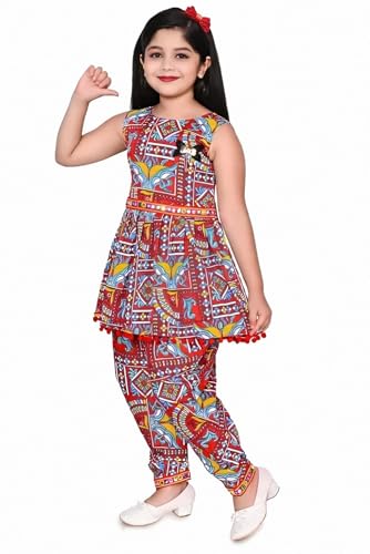 Image of Girls Ethnic Kurti and Dhoti Pant Set - Sleeveless Printed Outfit with Pom-Pom Hem | Dress for Kids
