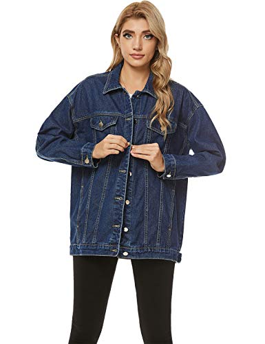 PUWEI Women's Oversized Denim Jacket Distressed Lapel Button Up Long Sleeve Jean Jacket with Pockets4