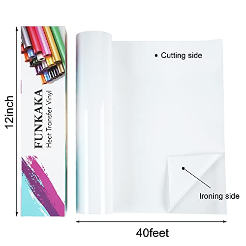 FUNKAKA White HTV Heat Transfer Vinyl Rolls, 12\" x 40ft Glossy White Iron on Vinyl for T-Shirt, Adhesive White HTV Vinyl for All Cutter Machines Easy to Cut & Weed for Heat Vinyl Design