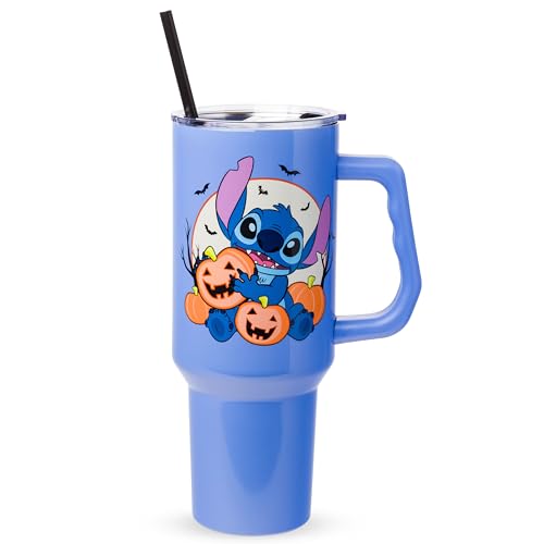 Silver Buffalo Disney Lilo and Stitch Halloween Spooky Pumpkin Jack-O-Lantern Double Walled Stainless Steel Tumbler with Handle and Straw, Fits in Standard Cup Holder, 40 Ounces