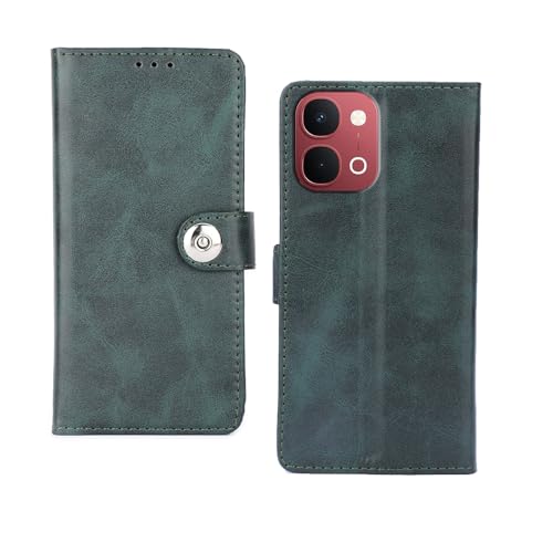 Image of amazon basics Vivo Y51 Pro 5G Flip Cover | Card Pockets Wallet & Stand | Flip Cover for Vivo Y51 Pro 5G (Green Button)