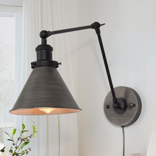 Image of LALUZ Black Wall Sconces Lighting, Modern Swing Arm Plug-in or Hardwired Adjustable Wall Lamp with Antique Silver Finish for Bedroom, Kitchen, and Living Room