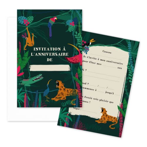 16 Cartes d'invitation Anniversaire Garçon • Thème Jungle • 16 Enveloppes Blanches • 10x15 cm • Popcarte Cover