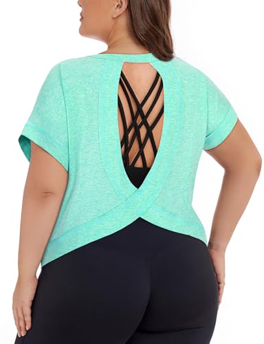 Koscacy Womens Open Back Workout Tops Short Sleeve Plus Size Athletic Top Loose Casual Gym Shirts 2025 Summer Backless Yoga Crop Clothes Green 2XL