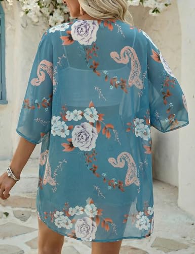 Image of Chunoy Women Floral Beach Wear Cover Up Chiffon Kimono Cardigan Open Front Blouse Top