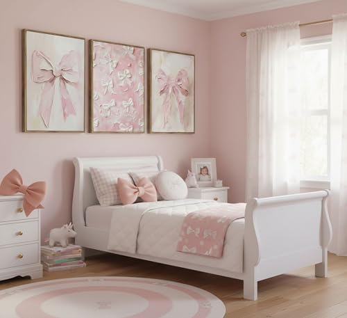 Image of Framed 3D Textured 3Pcs Trendy Pink Bow Canvas Wall Art Vintage Cute Preppy Watercolor Bow Painting Pictures Wall Decor Posters Prints Girly Aesthetic for College Apartment Bedroom Decoration